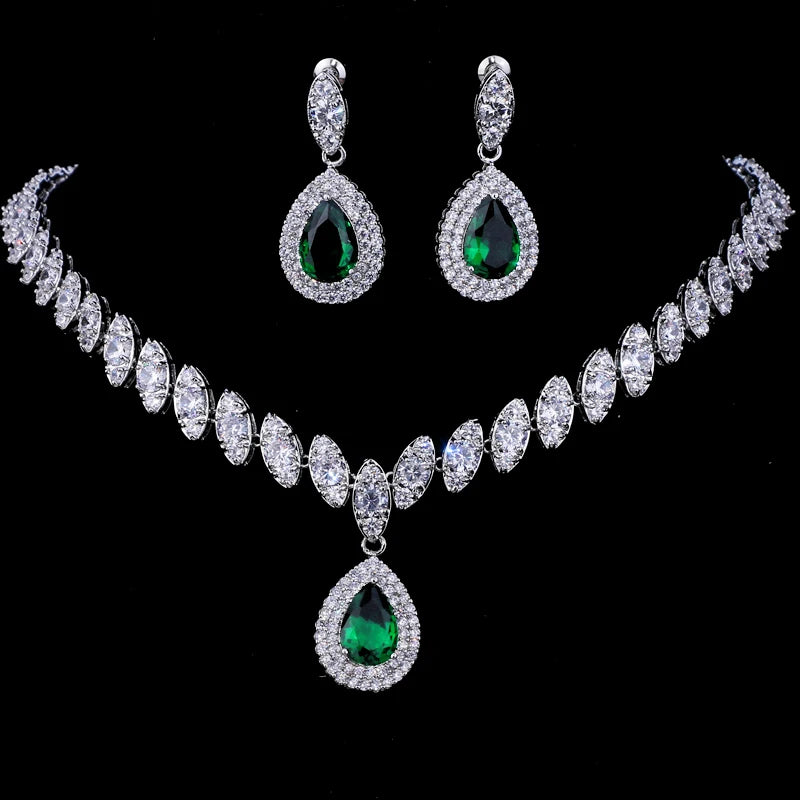Luxury Green Cubic Zirconia Earrings Necklaces Sets Accessories.