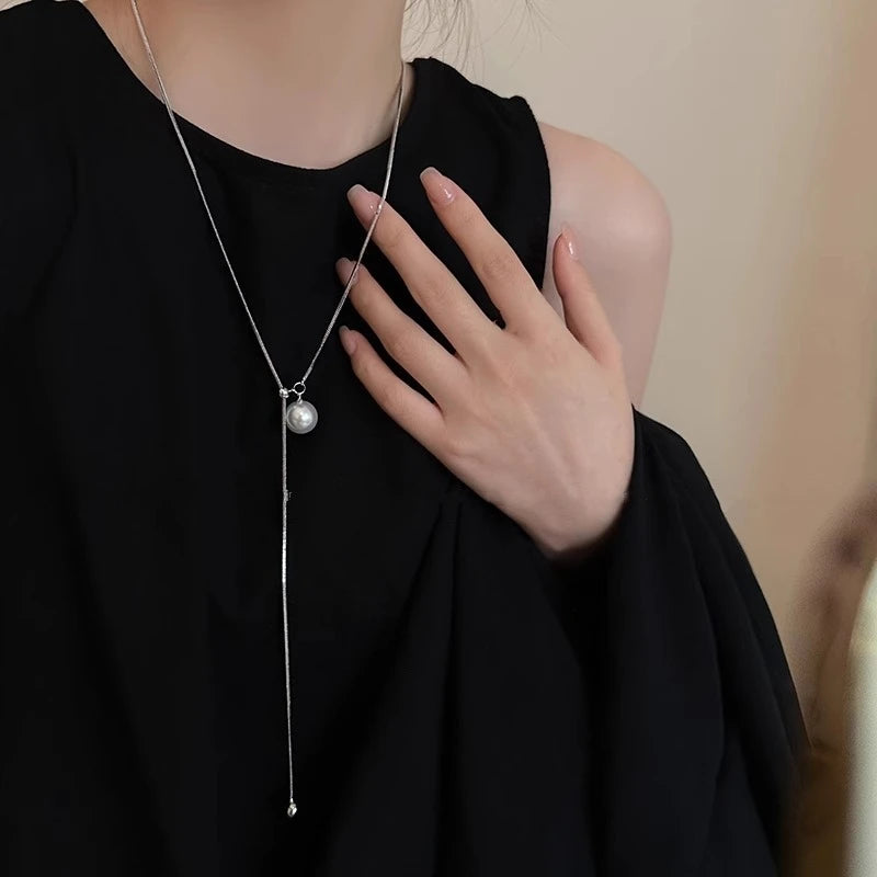 Stainless Steel Long with Pearls Necklace for Women Adjustable Chain Fashion Jewellery.