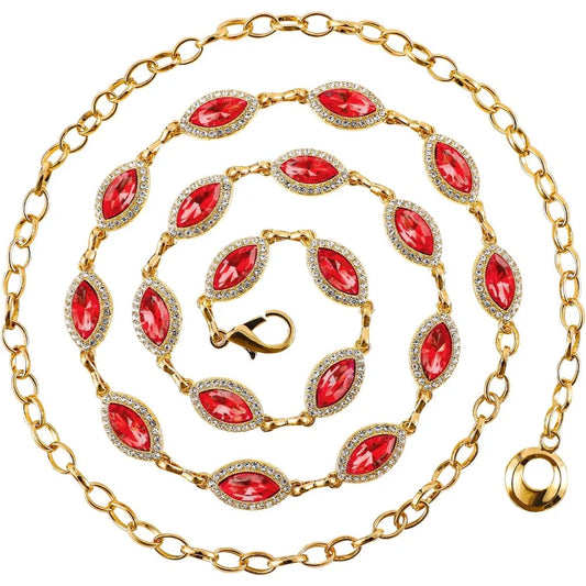 Crystal Belly Waist Chain Belt Gold Layered Belly Chain for Women - Red Green Rhinestone Diamond Body Chain Jewelry