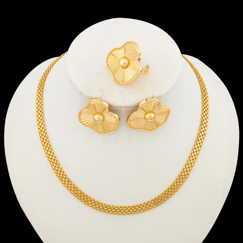 18k Gold Plated Necklace Earrings Ring Jewelry Set Earrings and Finger Ring 2Pcs Set.