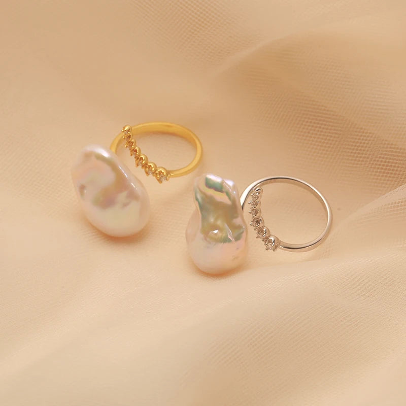 Natural Fresh Water Pearl Ring S925 Silver Adjustable Ring Zircon Inlaid Jewellery for Woman.
