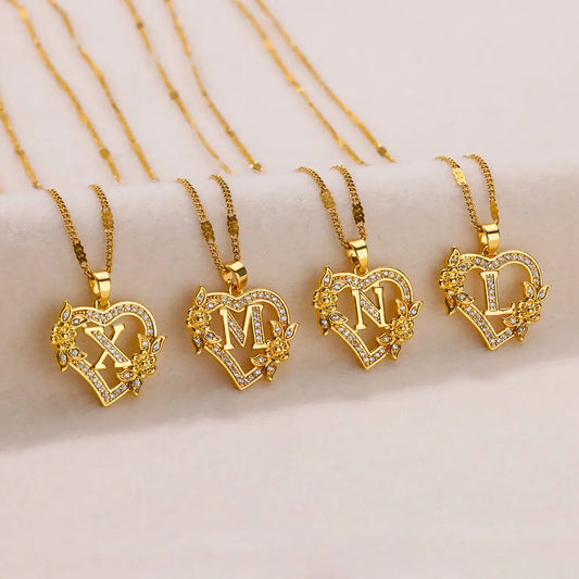 Zircon Flower Heart Initials Necklaces Stainless Steel Heart Letter