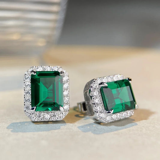 Luxury white gold solid platinum PT950 3 karat Emerald Stud Earrings Full Diamond Stud Earrings.