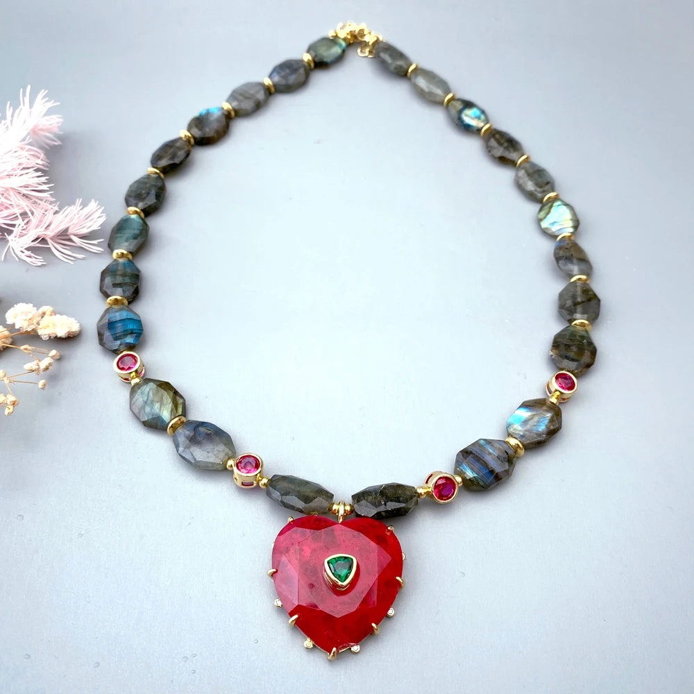 Y·YING Natural Stone Faceted Labradorite Chunk Chokers Necklace Red Heart Pendant Simple Layers Jewelry Gifts