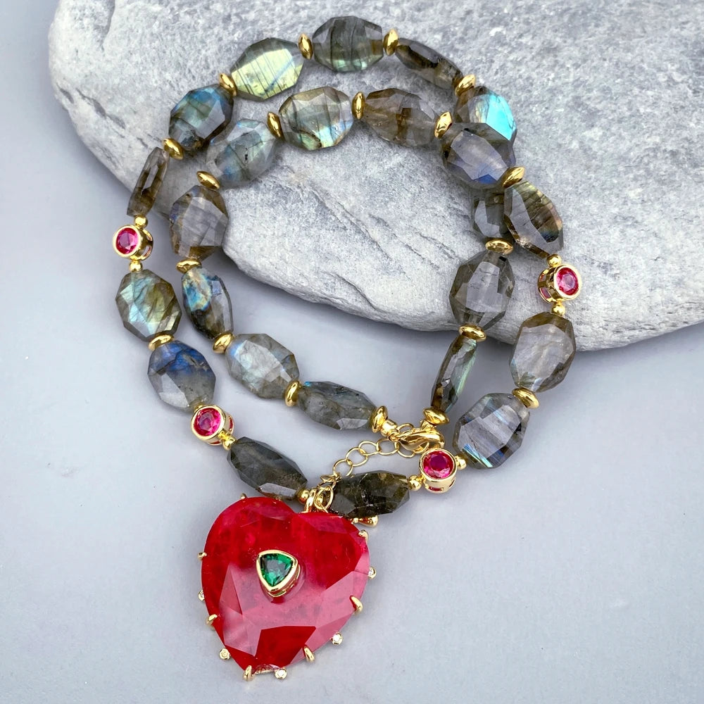 Y·YING Natural Stone Faceted Labradorite Chunk Chokers Necklace Red Heart Pendant Simple Layers Jewelry Gifts