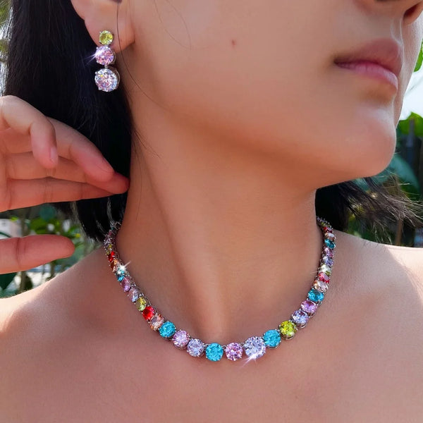 Zircons Gorgeous Shiny Rainbow Zirconia Round Chain Necklace Earrings Sets Jewellery.