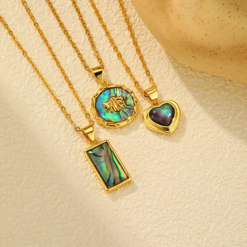 Waterproof Necklace , Nature Abalone Shell Heart Square Round Shape Pendant Statement.
