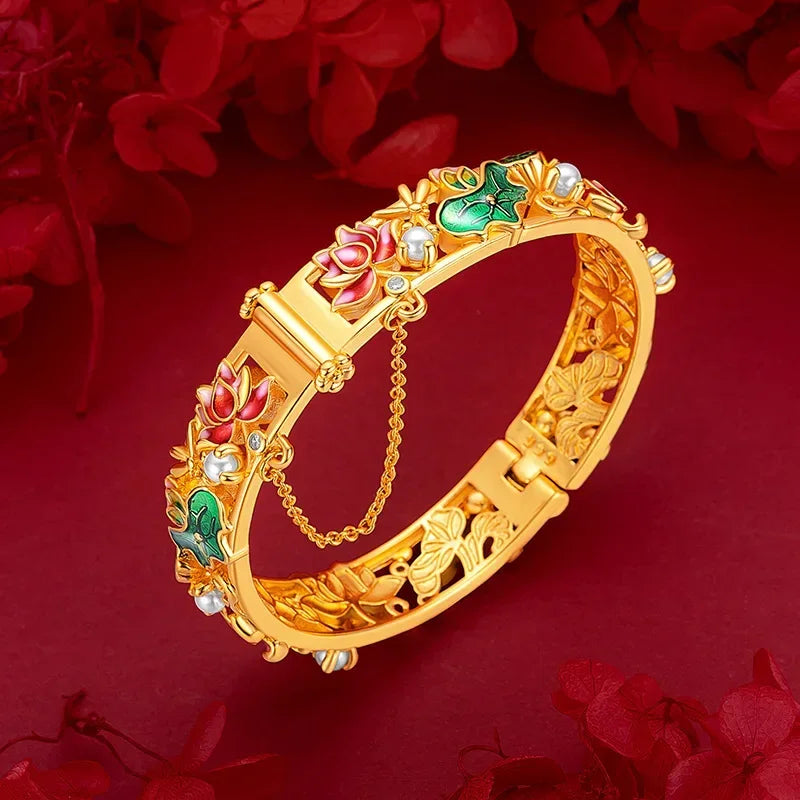 AU750 Gold Bracelet, Antique Enamel Orchid Design, 18K Retro Palace Filigree Inlaid Open Clasp Bracelet.