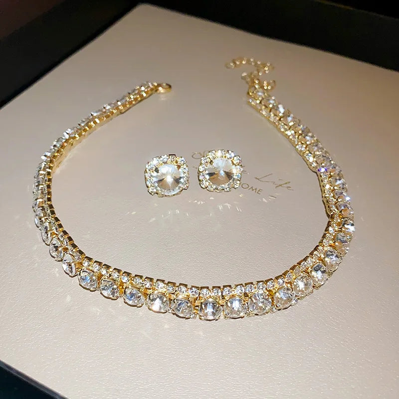 Luxury Rhinestone Necklace Stud Earrings, Crystal  Necklaces Ladies Fashion Jewellery Set.