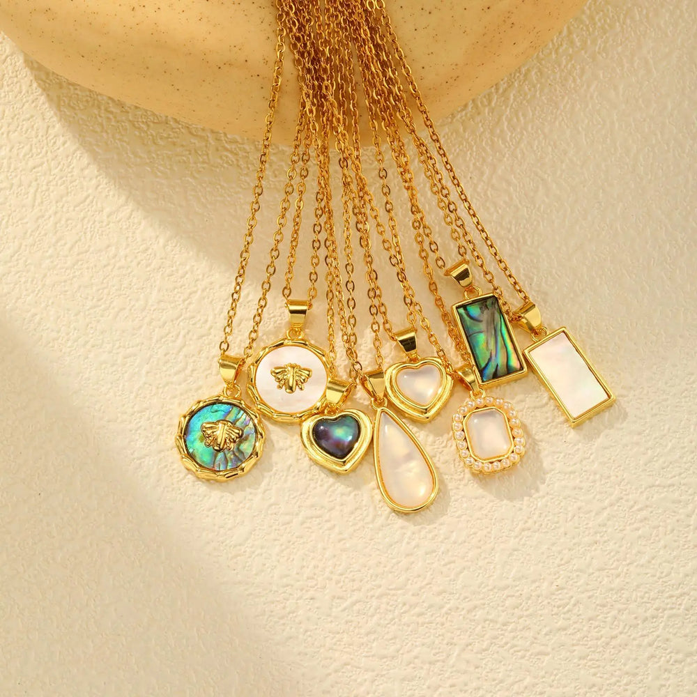 Waterproof Necklace , Nature Abalone Shell Heart Square Round Shape Pendant Statement.