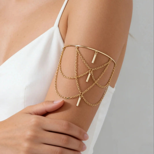 Multilayer Tassel Upper Arm Bracelet Adjustable Gold Color Leaf Arm Bangles Armlet.