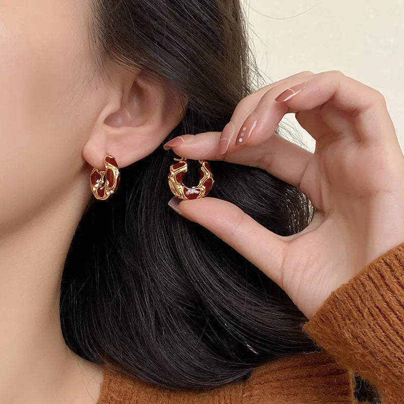 Trendy Enamel Color Metal Texture Small Hoop Earrings, Gold Plated Jewellery Gifts.