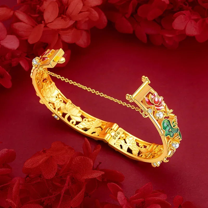 AU750 Gold Bracelet, Antique Enamel Orchid Design, 18K Retro Palace Filigree Inlaid Open Clasp Bracelet.