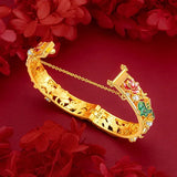 AU750 18K Gold Bracelet, Antique Enamel Orchid Design, with Open Clasp Bracelet.