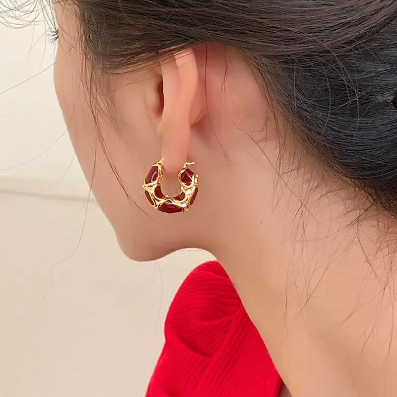 Trendy Enamel Color Metal Texture Small Hoop Earrings, Gold Plated Jewellery Gifts.