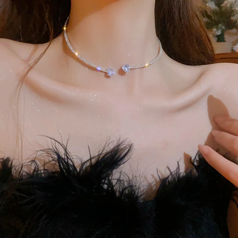 Zircon Double Layered Water Drop Heart Silver Scrap Imitation Pearl Cross Wave Open Collarbone