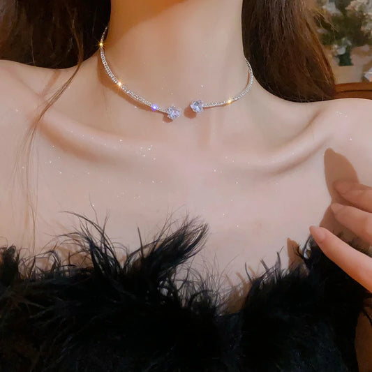 Zircon Double Layered Water Drop Heart Silver Scrap Imitation Pearl Cross Wave Open Collarbone