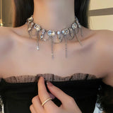 FYUAN Geometric Square Crystal Choker Necklaces for Women Long Tassel Clavicle Chain Necklaces Statements Jewelry
