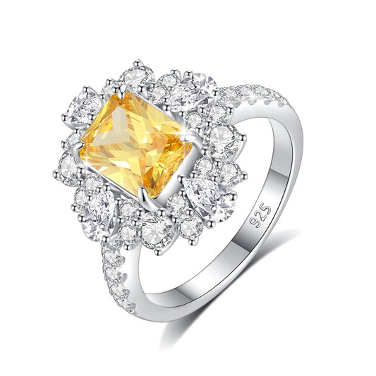 Emerald Cut Yellow Crystal Ring 925 Sterling Silver Floral Halo Band.