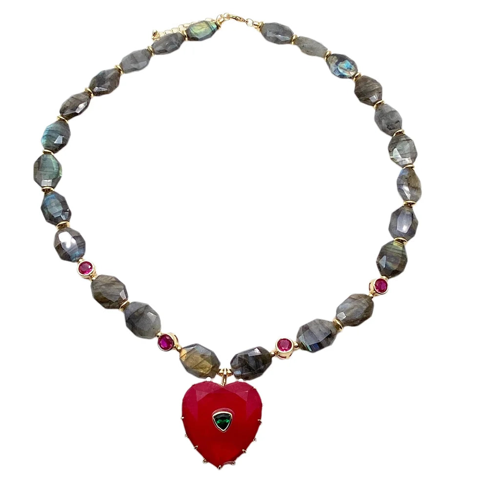 Y·YING Natural Stone Faceted Labradorite Chunk Chokers Necklace Red Heart Pendant Simple Layers Jewelry Gifts