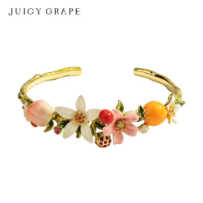 JUICY GRAPE Adjustable Bangles Peaches Oranges Cherries Flowers Fruit Series Enamel Bracelet Wedding Party Jewelry Gifts