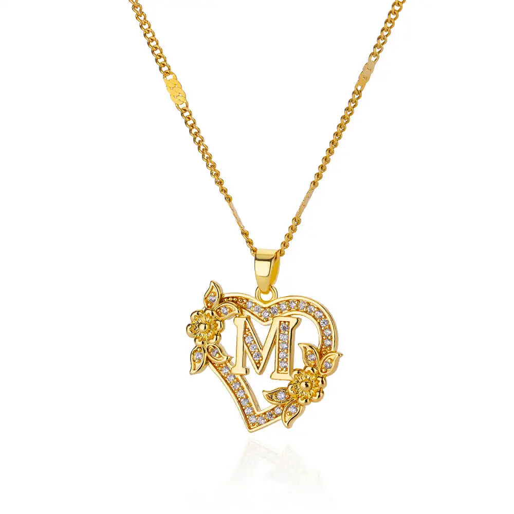 Zircon Flower Heart Initials Necklaces Stainless Steel Heart Letter