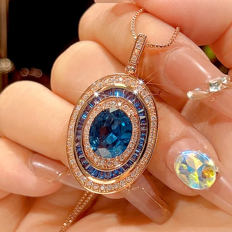 Rose Gold Plated Blue Oval Gemstone Jewelry Adjustable Ring Necklace with Cubic Zirconia Vintage Fashion Gift.