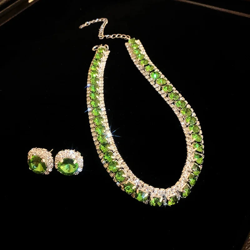 Luxury Rhinestone Necklace Stud Earrings, Crystal  Necklaces Ladies Fashion Jewellery Set.