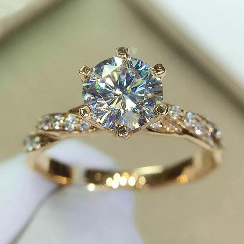 Huitan Classic 6 Claw Cubic Zirconia Rings Luxury Gold Color.