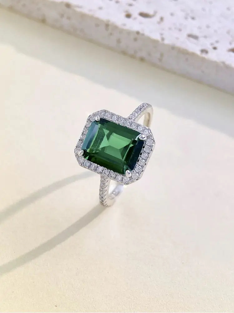 925 Sterling Silver Classic Vintage Emerald Cubic Zirconia Ring For Anniversary Luxury Jewellery.