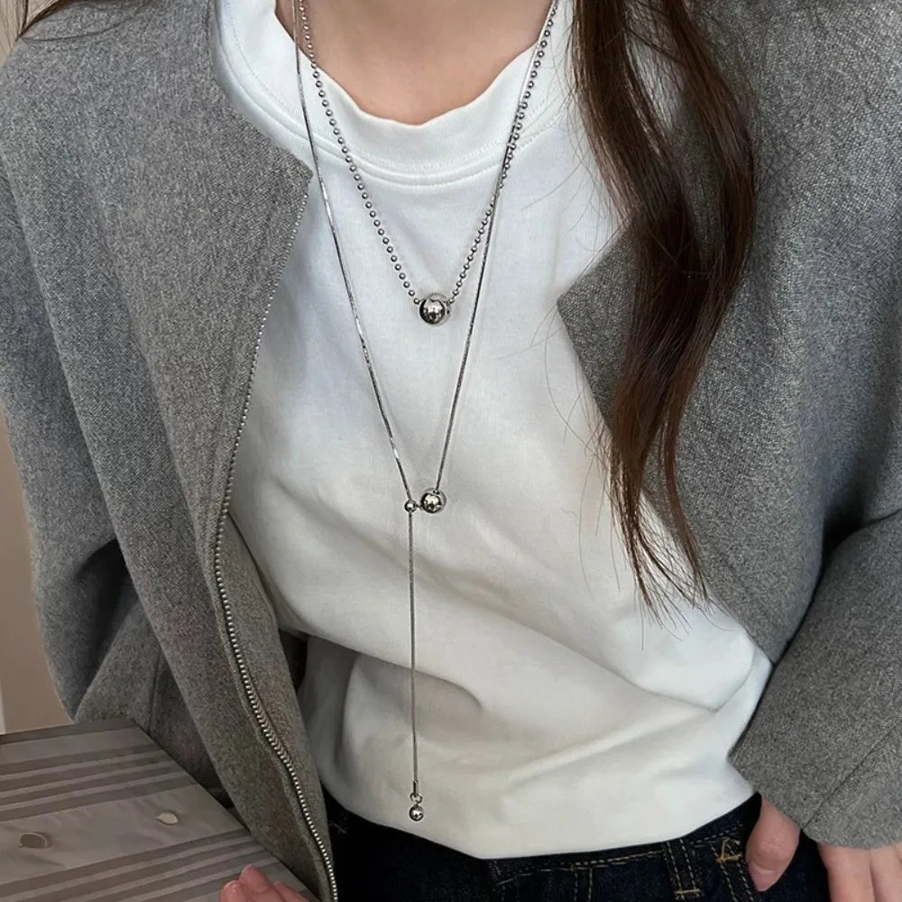 Personality Design Silver Color Stainless Steel Beaded Ball Pendant Necklace, Double Layer Jewellery.