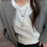 Personality Design Silver Color Stainless Steel Beaded Ball Pendant Necklace, Double Layer Jewellery.