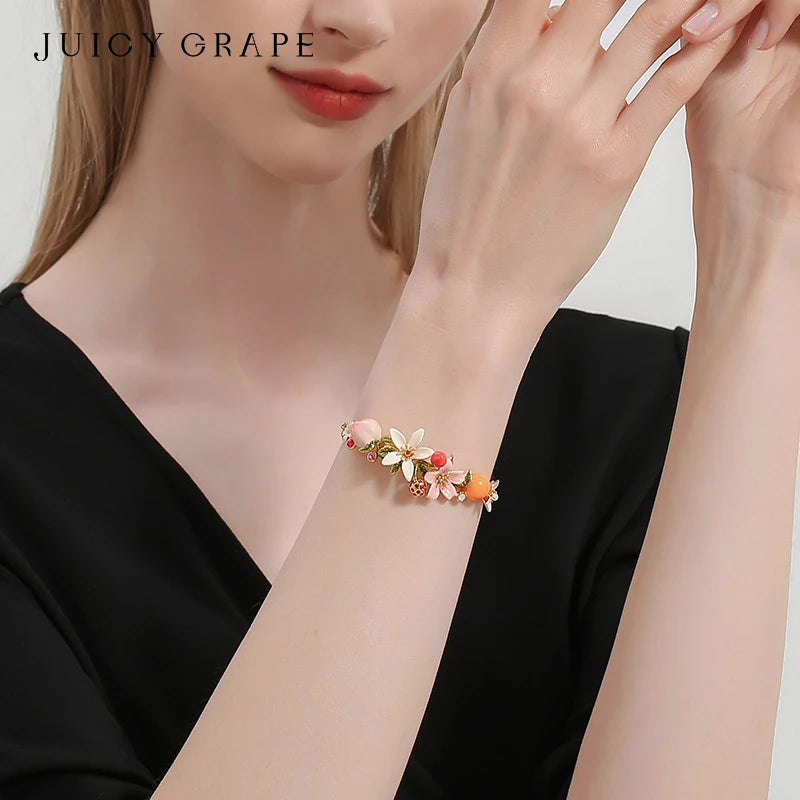 JUICY GRAPE Adjustable Bangles Peaches Oranges Cherries Flowers Fruit Series Enamel Bracelet Wedding Party Jewelry Gifts