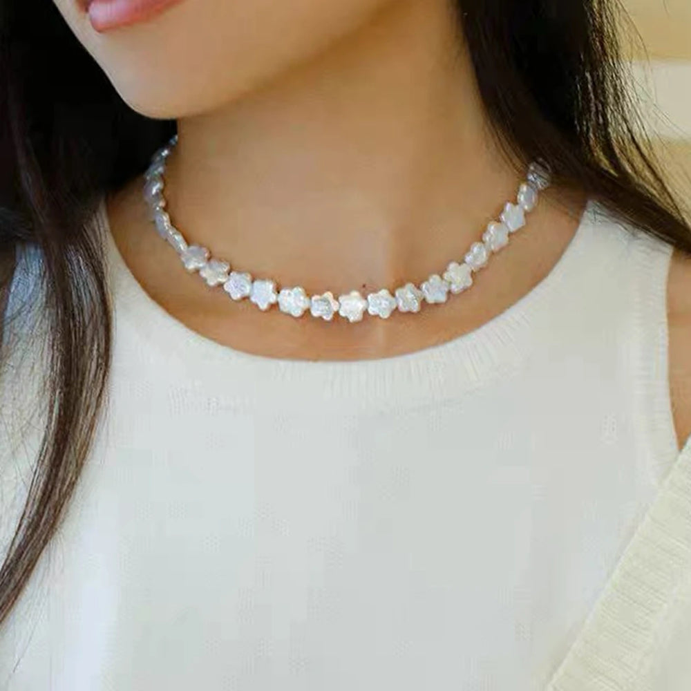 Colorful Natural Freshwater Plum Blossom Baroque Flower Pearl Necklace S925 Pure Silver Buckle Tail Chain.