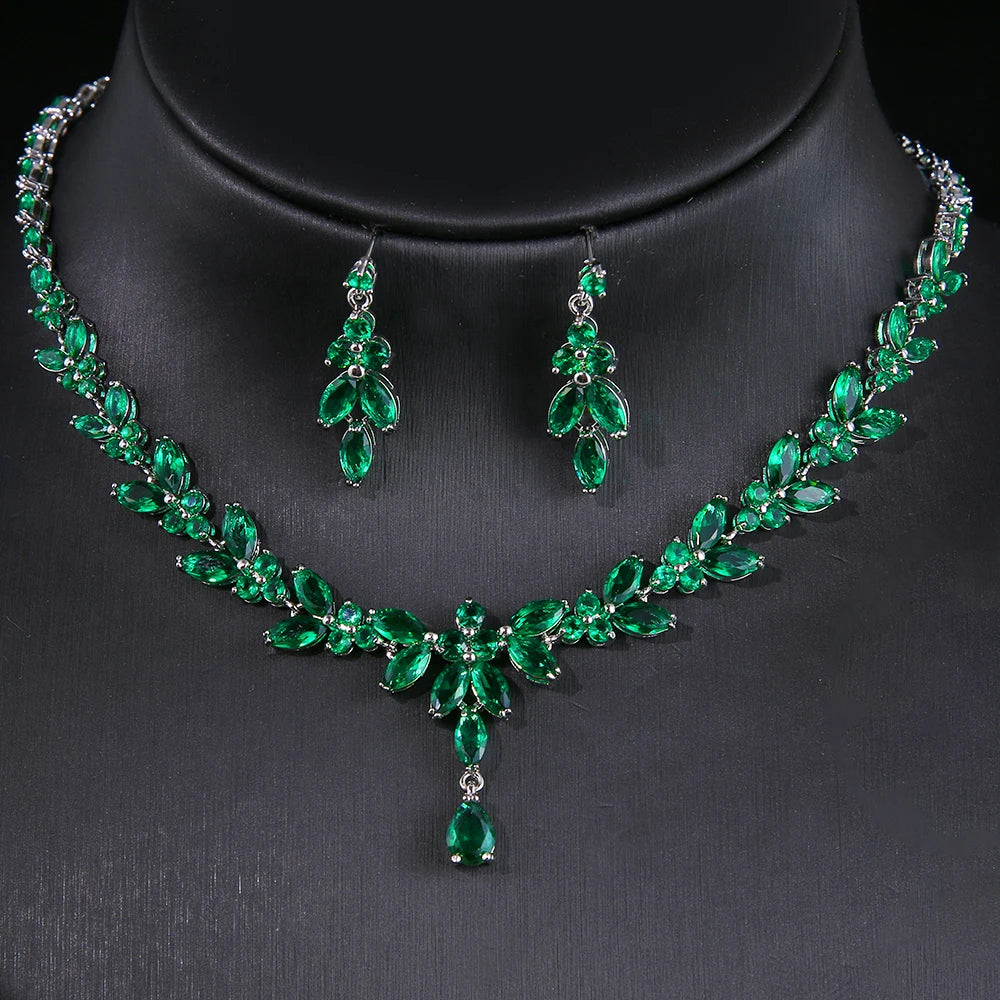 Luxury Green Cubic Zirconia Earrings Necklaces Sets Accessories.
