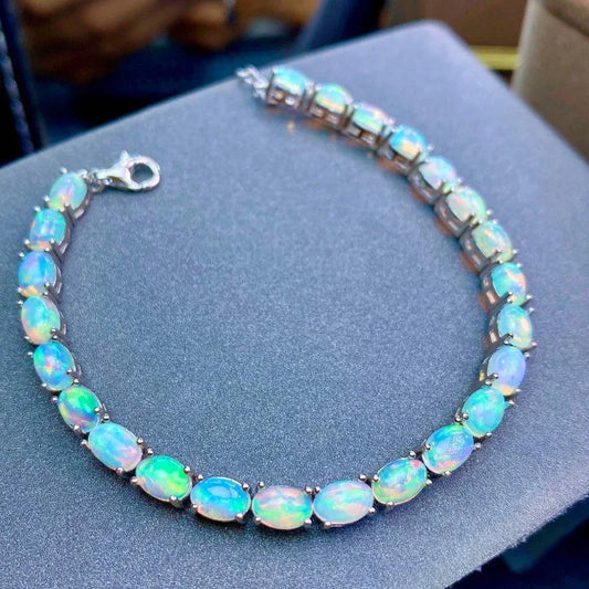 925 Sterling Silver Natural Opal Colorful Stone Bracelet Fine Jewellery 24 Pc 4*6mm Fine.