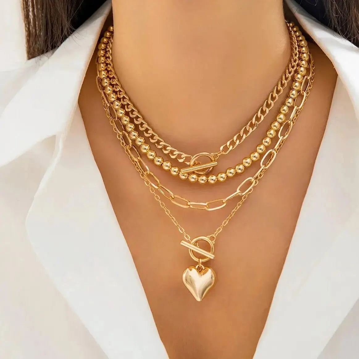 4Pcs/Set Gold Color Heart Pendant Necklace Beaded Chain Jewellery Accessories.