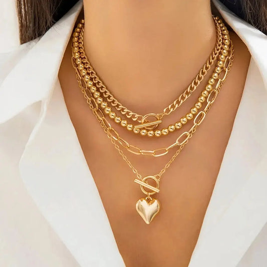 4Pcs/Set Gold Color Heart Pendant Necklace Beaded Chain Jewellery Accessories.