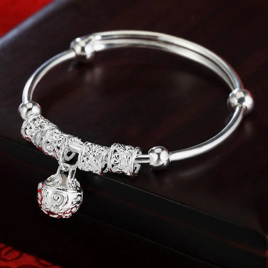 Fine Silver Color Hollow Bells Ball Bangles Adjustable Bracelets Fashion Gifts Jewellery.