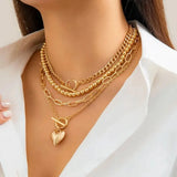 4Pcs/Set Gold Color Heart Pendant Necklace Beaded Chain Jewellery Accessories.