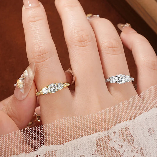 Round Moissanite Three Stone Ring GRA Certified 14K Gold Plated Jewellery For Women.