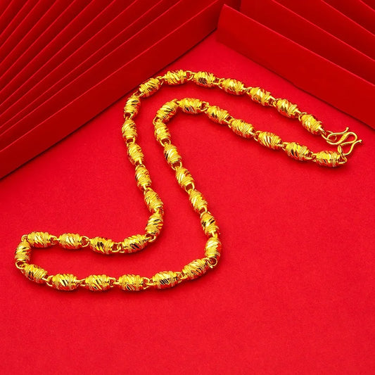 9999 24K real gold hollow men's necklace round buckle men's boutique chain open cylindrical gold necklace light beads