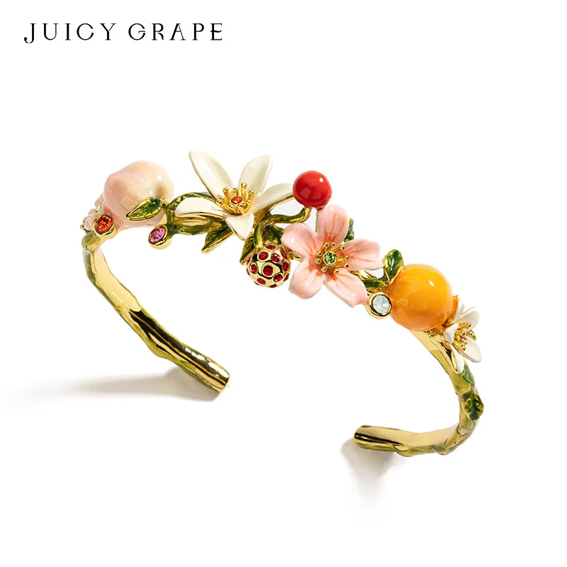 JUICY GRAPE Adjustable Bangles Peaches Oranges Cherries Flowers Fruit Series Enamel Bracelet Wedding Party Jewelry Gifts