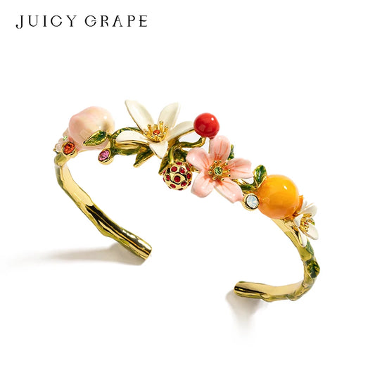JUICY GRAPE Adjustable Bangles Peaches Oranges Cherries Flowers Fruit Series Enamel Bracelet Wedding Party Jewelry Gifts