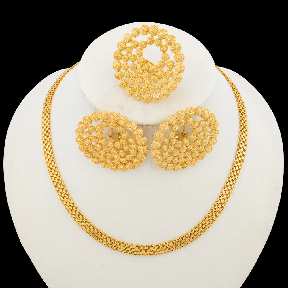 18k Gold Plated Necklace Earrings Ring Jewelry Set Earrings and Finger Ring 2Pcs Set.