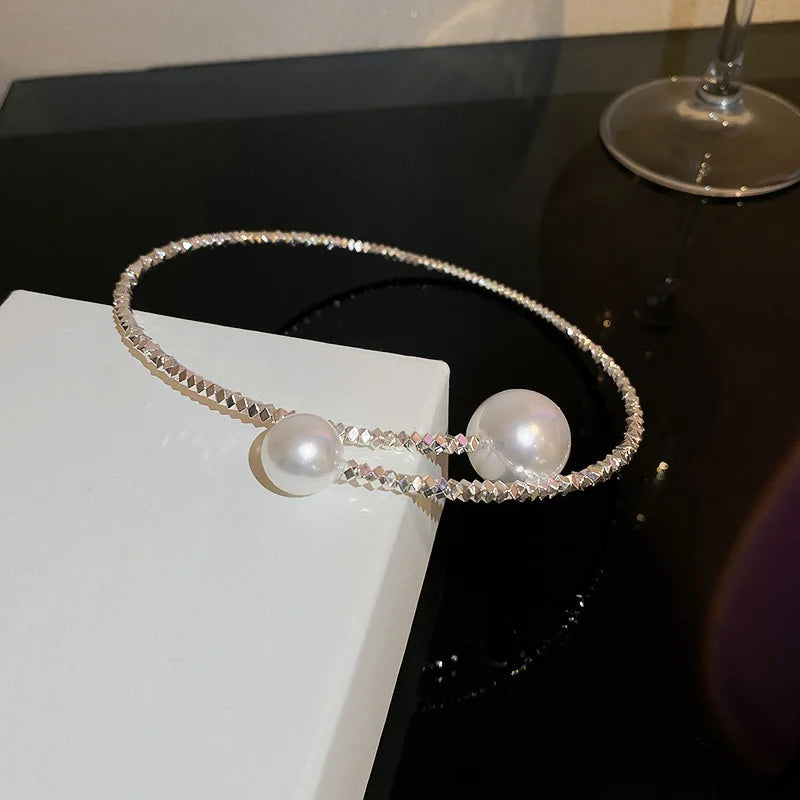 Zircon Double Layered Water Drop Heart Silver Scrap Imitation Pearl Cross Wave Open Collarbone