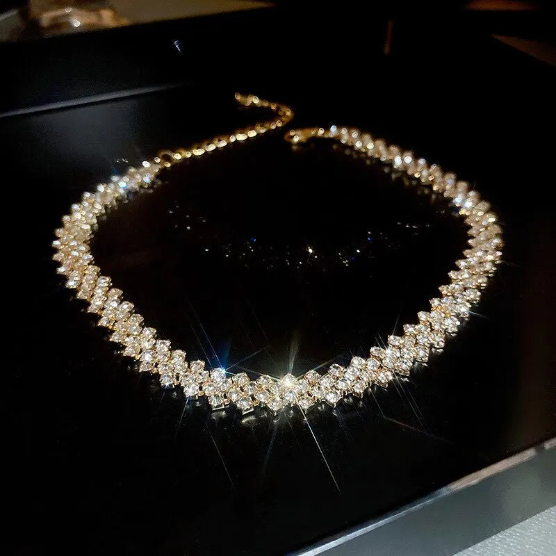 Luxury Shiny Full Rhinestone Choker Necklace Geometric Crystal Jewelry