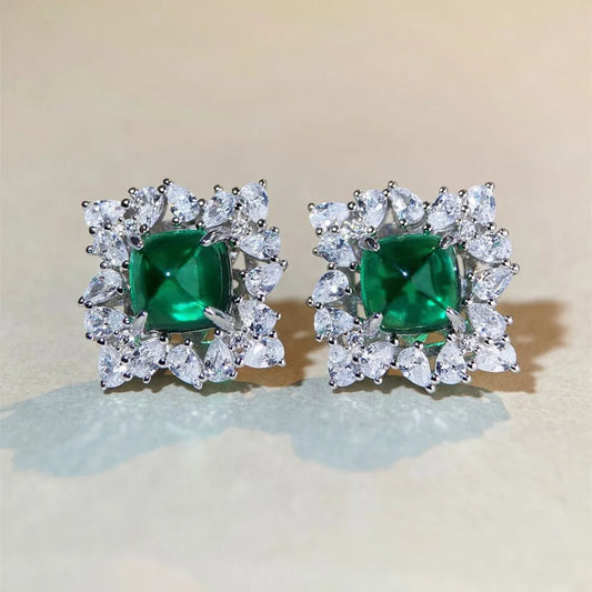 Luxury white gold solid platinum PT950 Earrings, Emerald Luxury Full Diamond Inlaid Earrings.