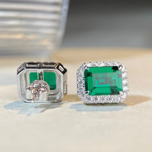 Luxury white gold solid platinum PT950 3 karat Emerald Stud Earrings Full Diamond Stud Earrings.