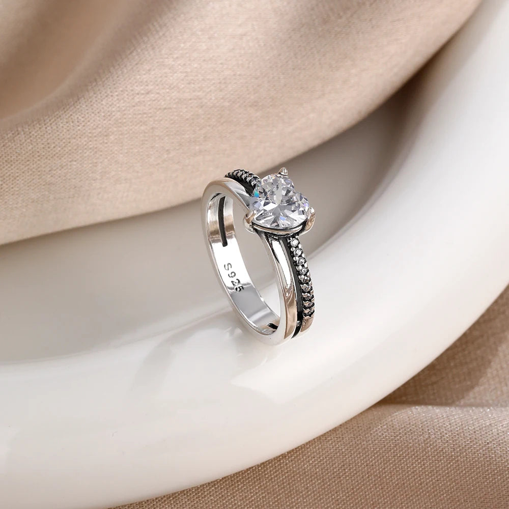 925 Sterling Silver Rings Cubic Zirconia Stackable Bands Heart Arrow Design Jewelry Gift.